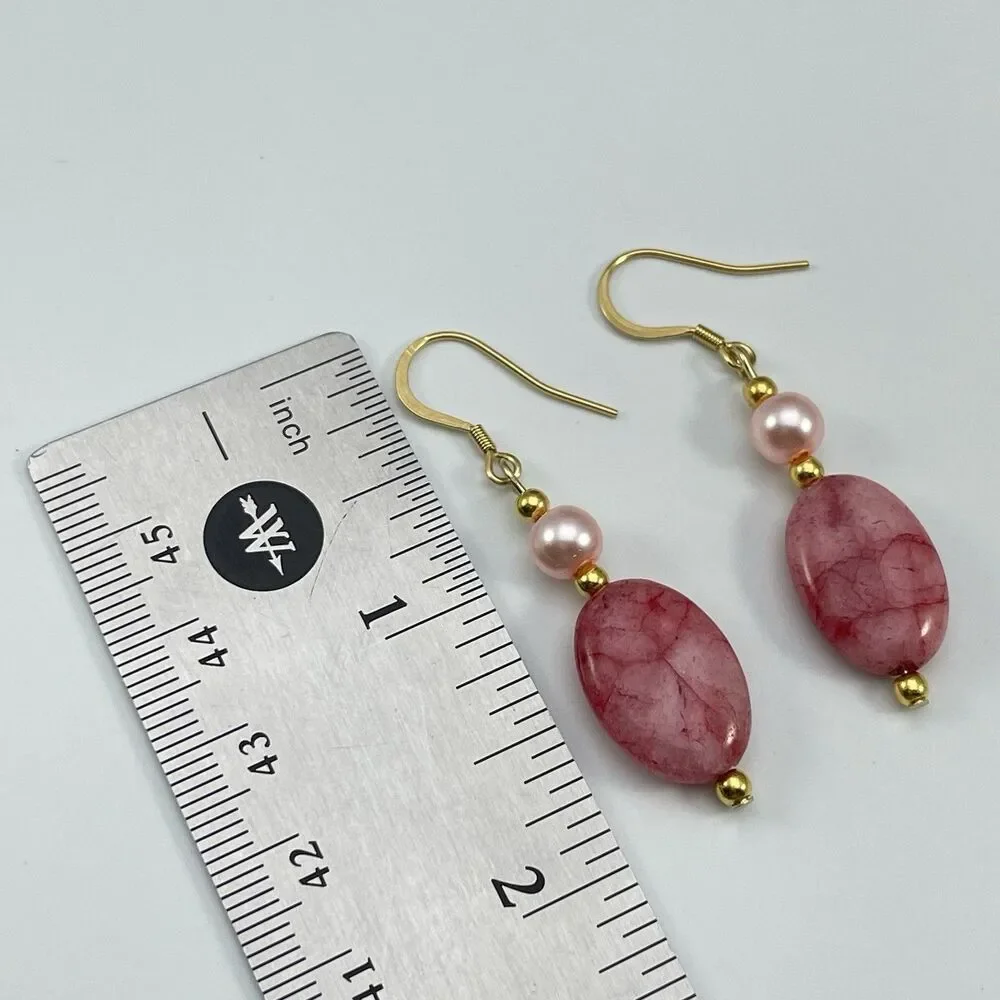 18K Gold Plated Pink Quartz Pink Glass Pearl Beaded Dangle Earrings Boho Cute